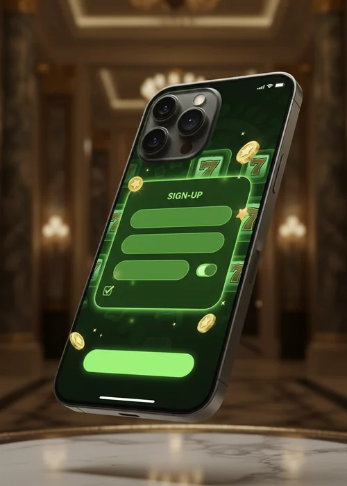 A vibrant mobile interface showing the 3-step registration process at Coco Casino with a focus on quick signup for new players.
